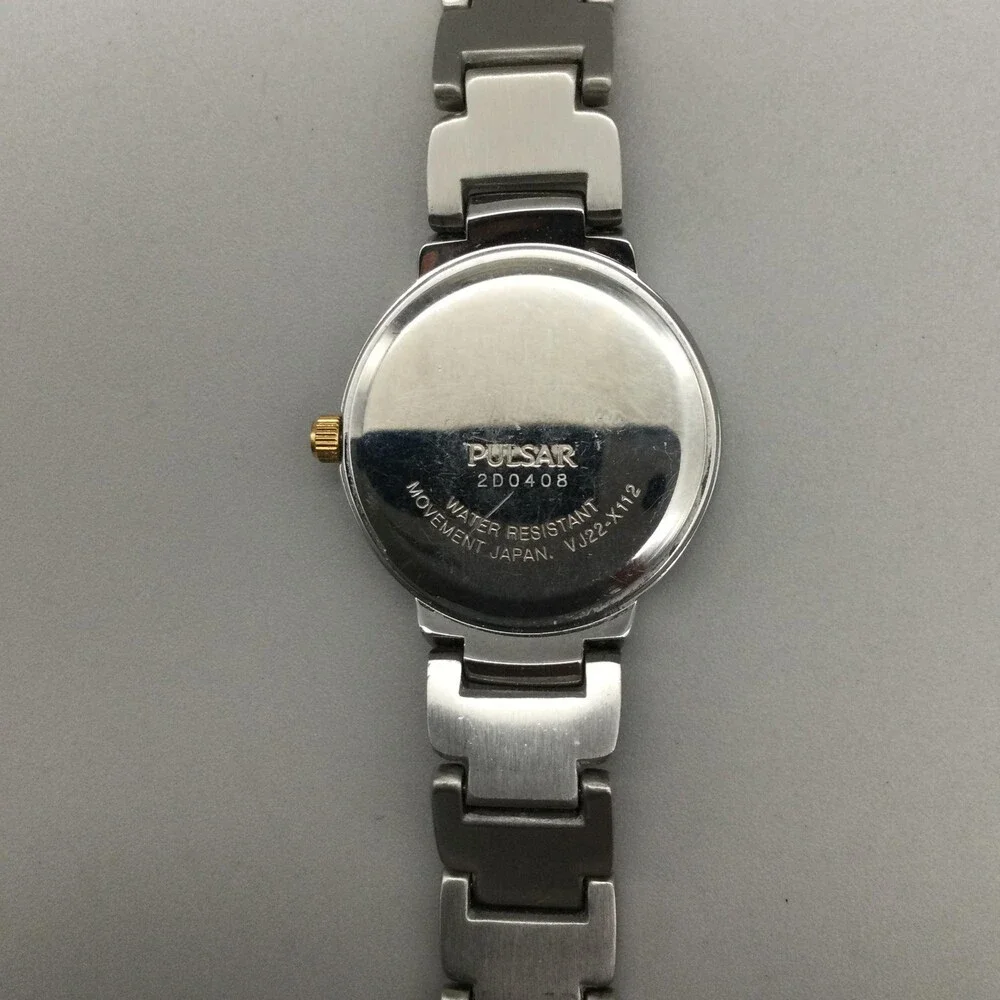 Pulsar Women Watch 27mm Two Tone Black Dial Crystals VJ22-X112 New Battery 6.25